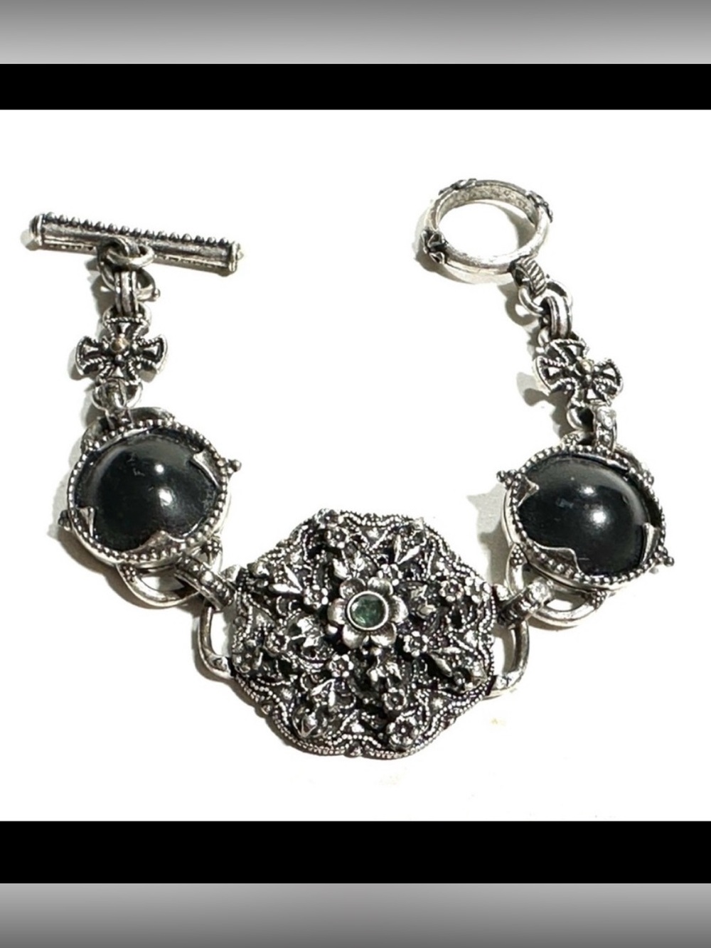 Lucky Brand Maltese Cross Bracelet Black Silver Tone‎ Green Accent Toggle